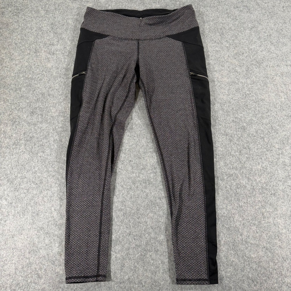 Athleta Be Free Tights Womens Medium Gray‎ Herringbone Running Leggings Pockets
